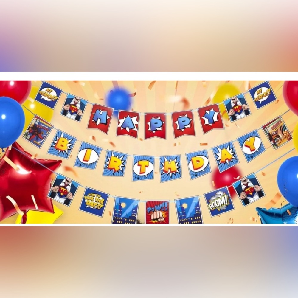 BOGO Pre-strung Generic Superhero Birthday Banner 3 Pieces Primary Colors party
